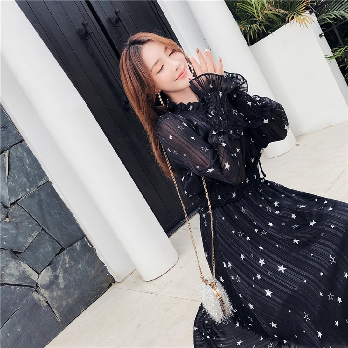 星柄 ワンピース レディース 長袖 ミモレ丈 ドレス ロングワンピース 可愛い リボン レース トップス 透け感 シースルー ワンピース 大きいサイズ 大人女子 体型カバー 通勤 通学 オフィスカジュアル デート 秋新作 Ncho