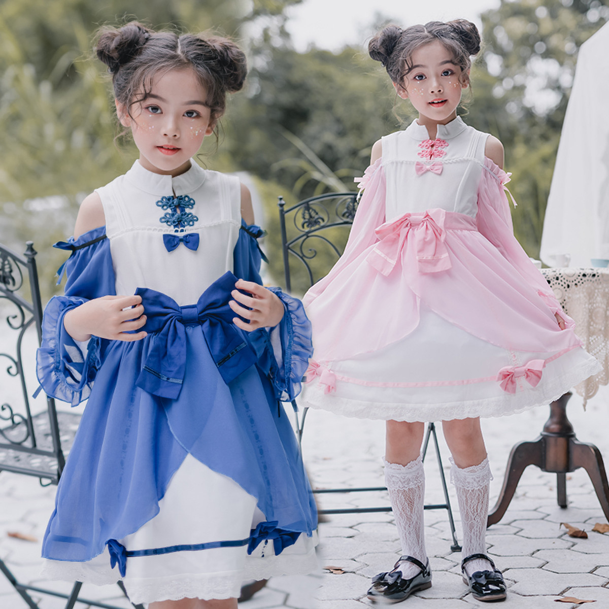 3518ロリータ服 ガールズ ロリィタ服 ロリィタドレス 女の子 子供 キッズ Lolita ロリィタワンピース ロリータドレス ロリータワンピース 長袖 コスプレ衣装 コスチューム チャイナドレス風 シフォン 満天屋