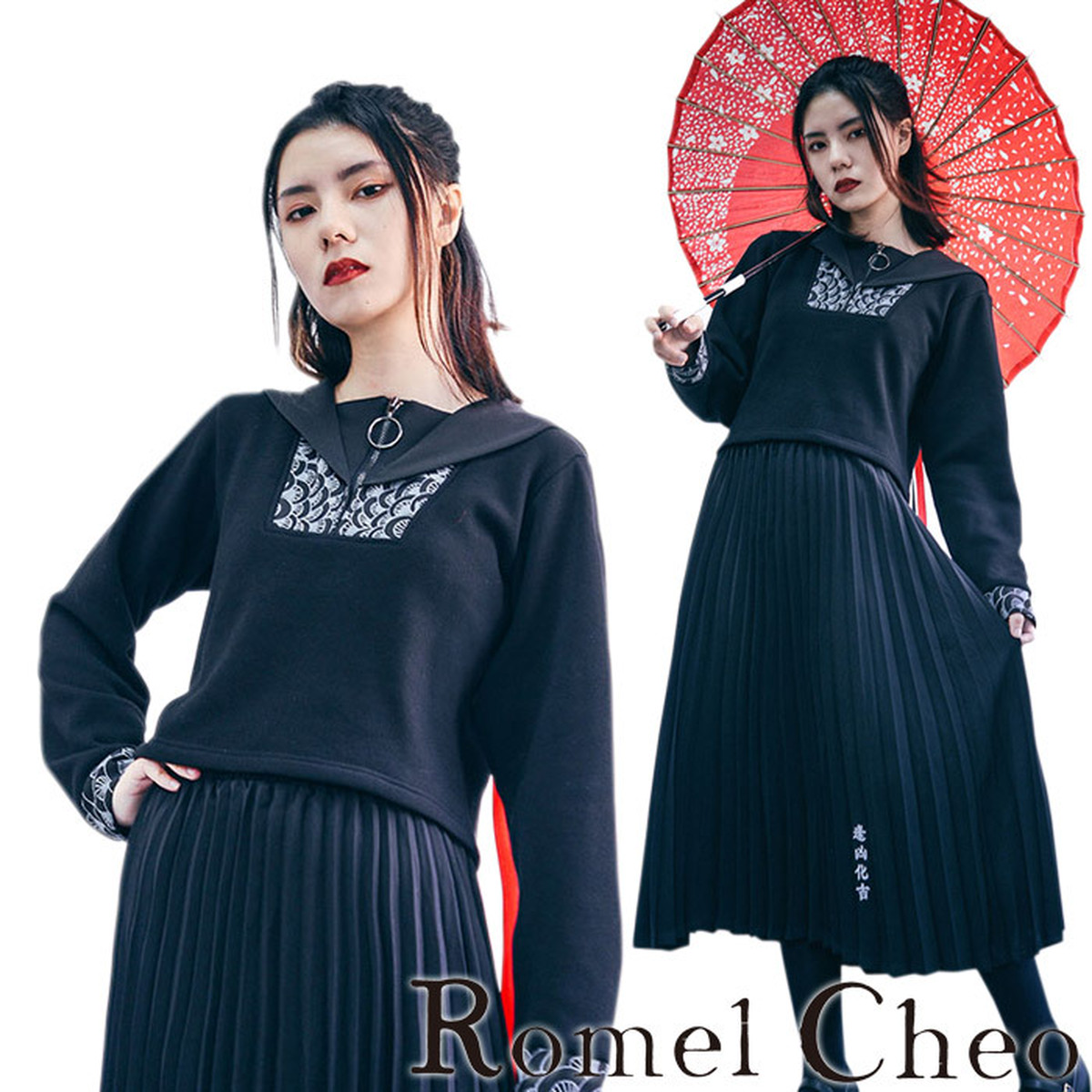 RomelCheo バックリボンジップシャツ 長袖 モントーン 制服風 和テイスト 和風 アジアン エスニック モード系 ビジュアル系