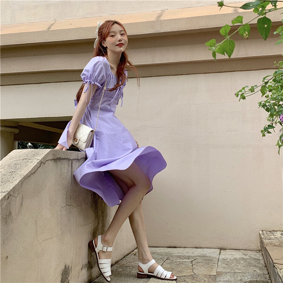 大人プリンセスワンピ ラプンツェル風 半袖ひざ下ワンピース ロング ワンピース ロングドレス パーティー タイト フレア 夏ワンピ リゾートワンピ マキシ丈 ハイウエスト ホワイトワンピ パープル 韓国レディース キッズファッション Londonbridge ロンドンブリッジ