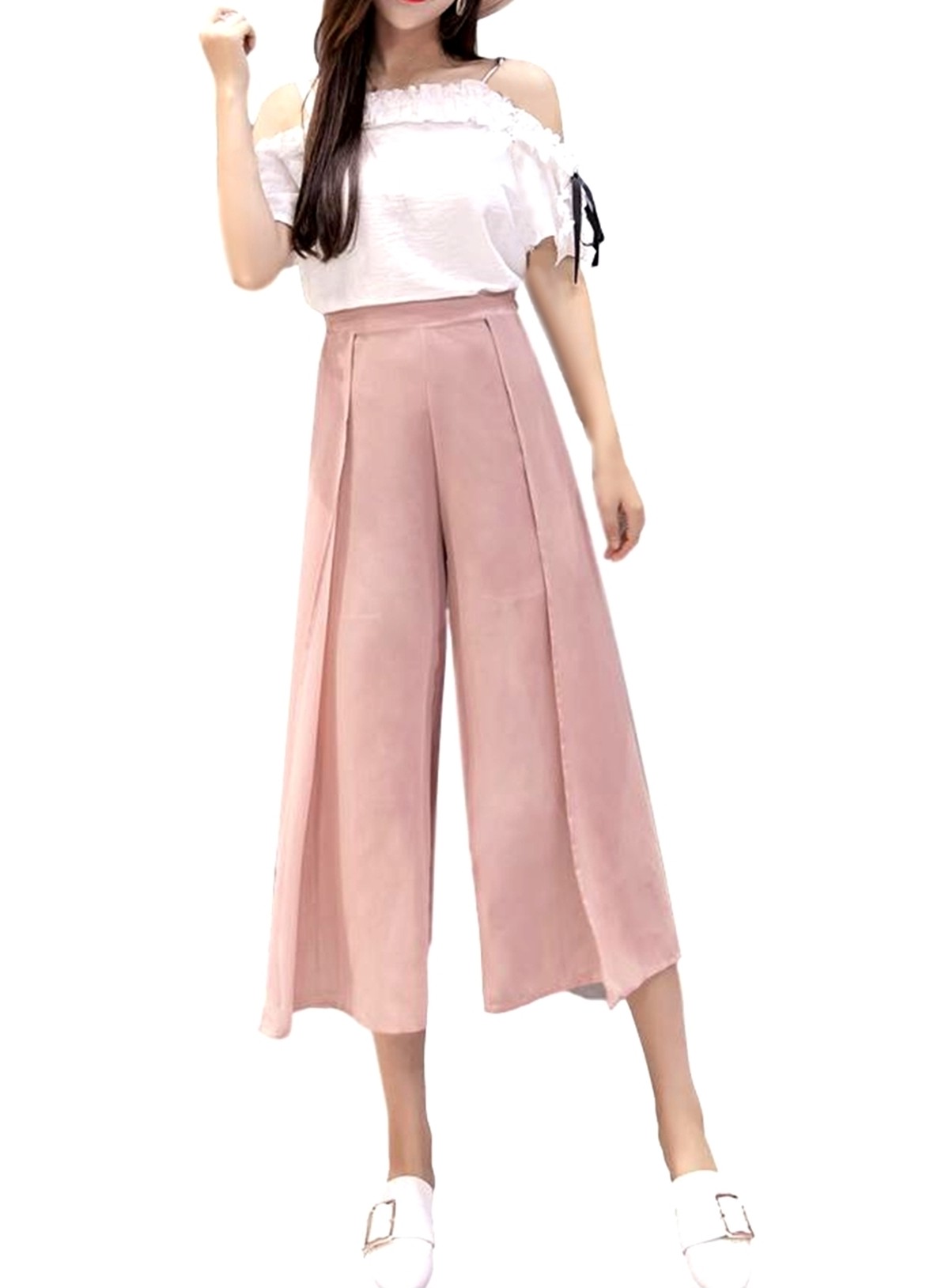 レディース スカーチョ ガウチョ 薄手 ワイドパンツ ピンク Picocharm