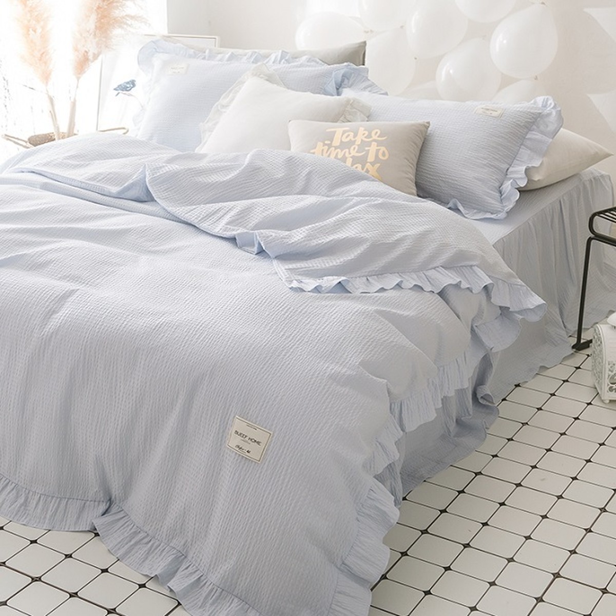 フラットシーツ フリルタイプ ダブルサイズ4点セット プリンセススタイルシンプルガールハートコットン素材寝具カバー 布団カバー ベッドカバー 寝室 インテリア 可愛い ガーリー お洒落 2カラー Sweet Dreams