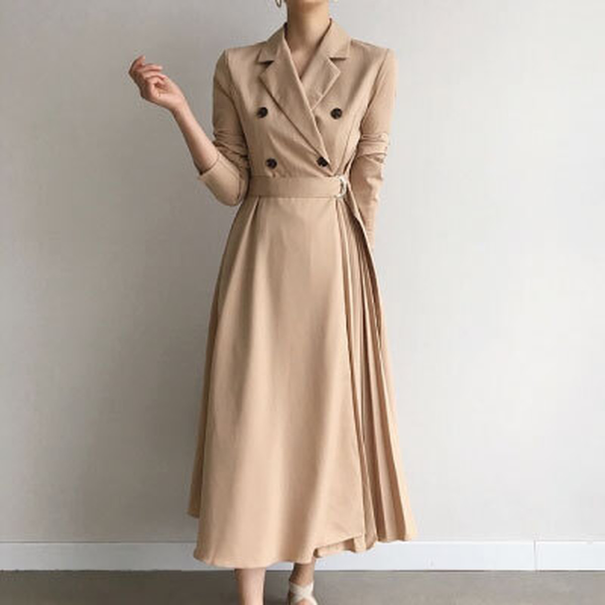 カシュクール トレンチ ワンピース プリーツ ロングワンピース 変形トレンチ ベージュ 黒 大人 上品 きれいめ ベルト トレンチコート 女性らしい 春 秋 おしゃれ プチプラレディースファッション通販 Yboueki