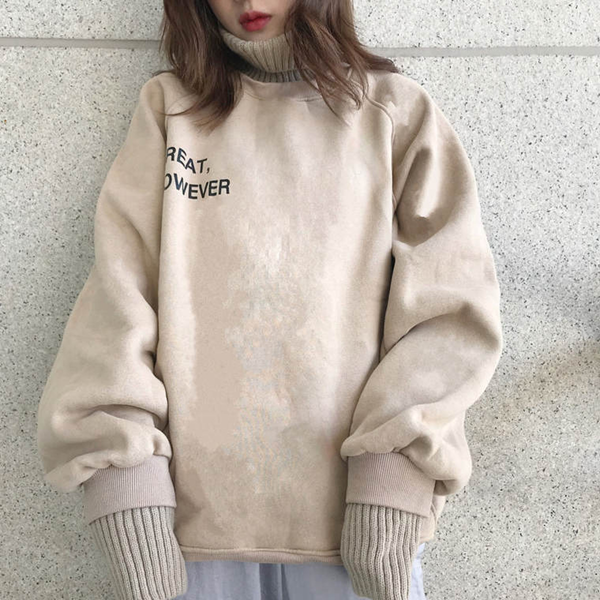 大きいサイズ韓国レディース 5878 重ね着風 メンズライク タートルネック ロゴ カジュアル オーバーサイズ プルオーバー トップス 送料無料 流行オルチャンファッション 人気のプチプラ韓国レディースファッション新作通販 Aliceholly