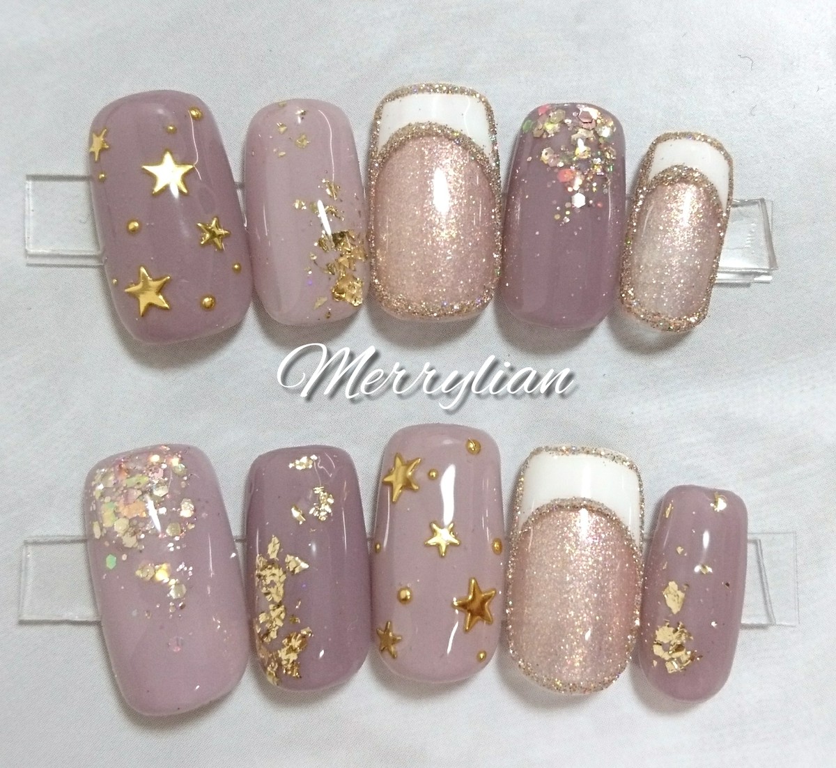 No 36 ネイルチップ フラッシュネイル フレンチネイル 星ネイル ヌーディーカラー Merrylian