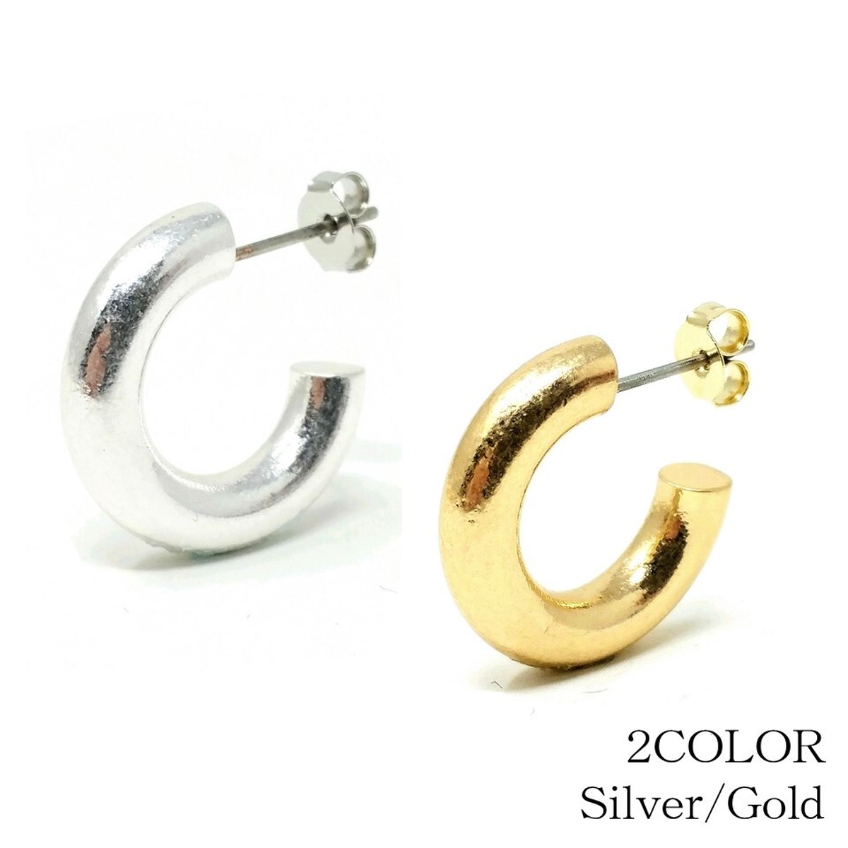 2color ピアス 片耳 半円 フープピアス 太目 太い 太め メンズ レディース シルバー Silver 17ｍｍ リング リングピアス スタッド ピアス フープ フープピアス 丸い 小さい 小さめ 小ぶり チタンポスト チタン 金属アレルギー対応 1個販売 Puente