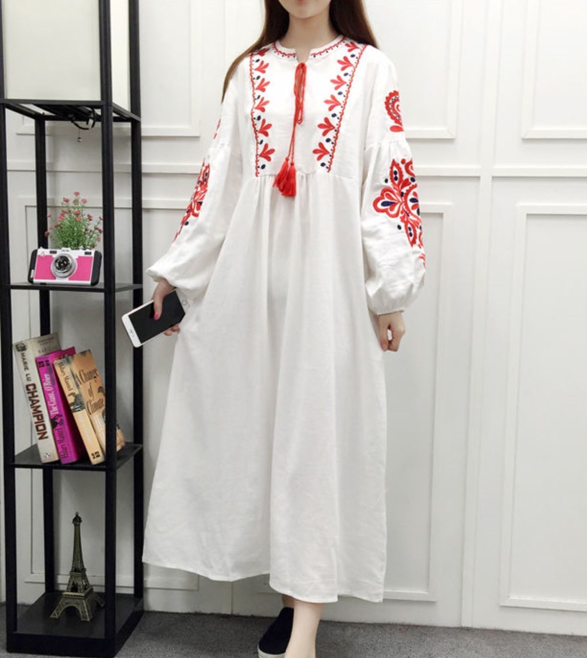 さり気ないバルーン袖が可愛い ボヘミアンワンピース 刺繍ワンピース 刺繍ワンピ ワンピ 刺繍 ロング丈 ロングワンピ ロングワンピース Sugar Daystyle シュガーデイスタイル