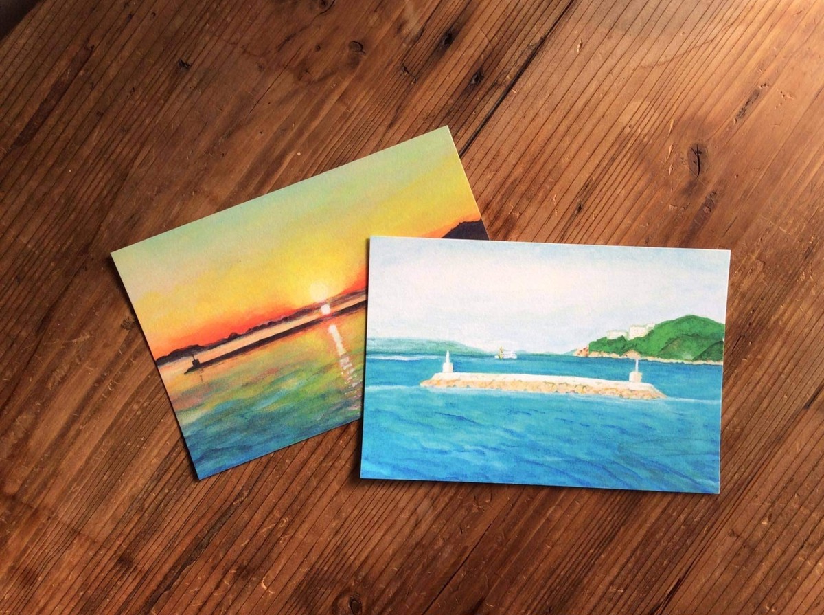 オリジナルポストカード タコのまくら前の海 タコのまくら前の夕日 珈琲とおやつ タコのまくら