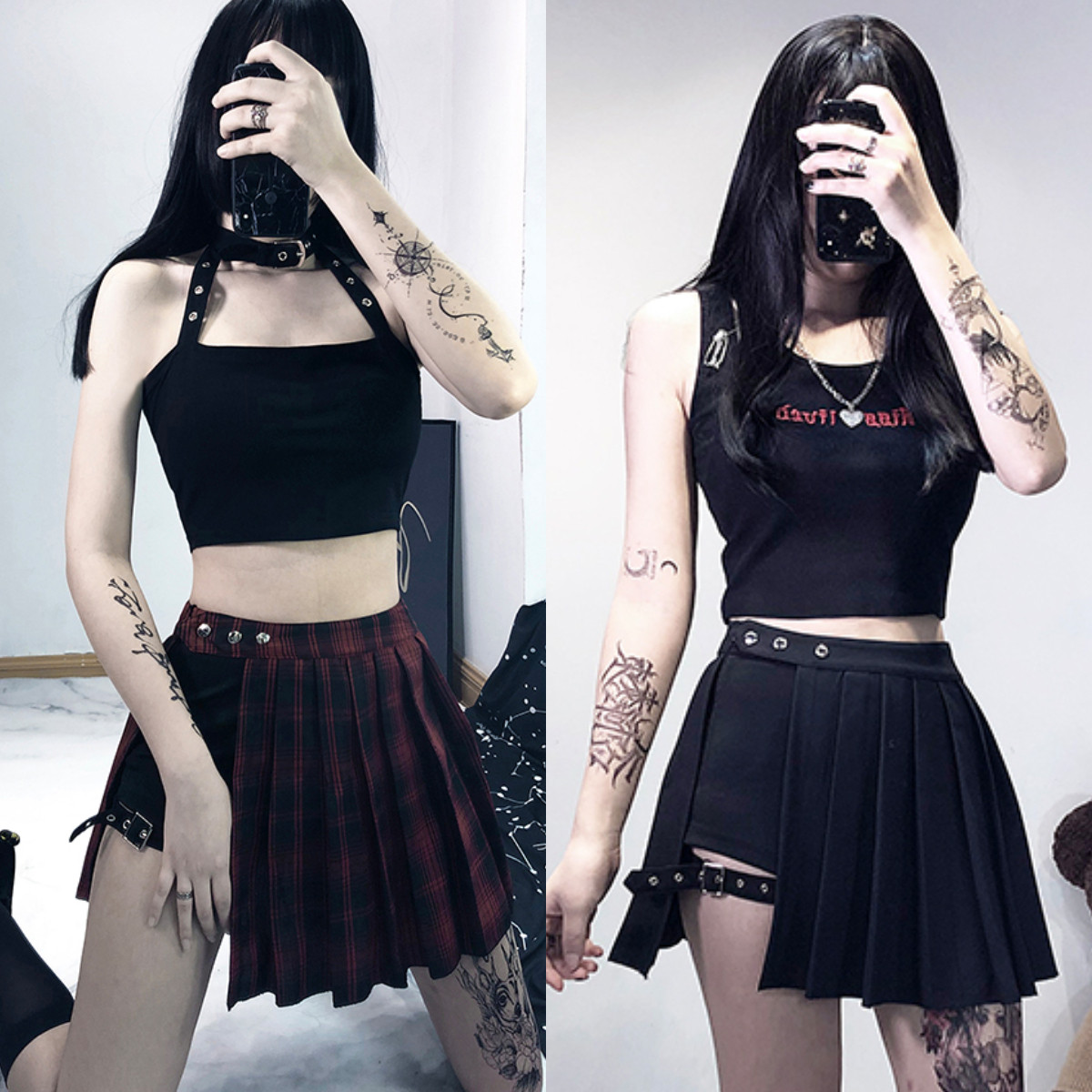 レディース ヘソ出し トップス スカート セット セットアップ V系 パンクロック 服 チョーカー風 ベアトップ ゴスロリ 黒 赤 Lady Oliver