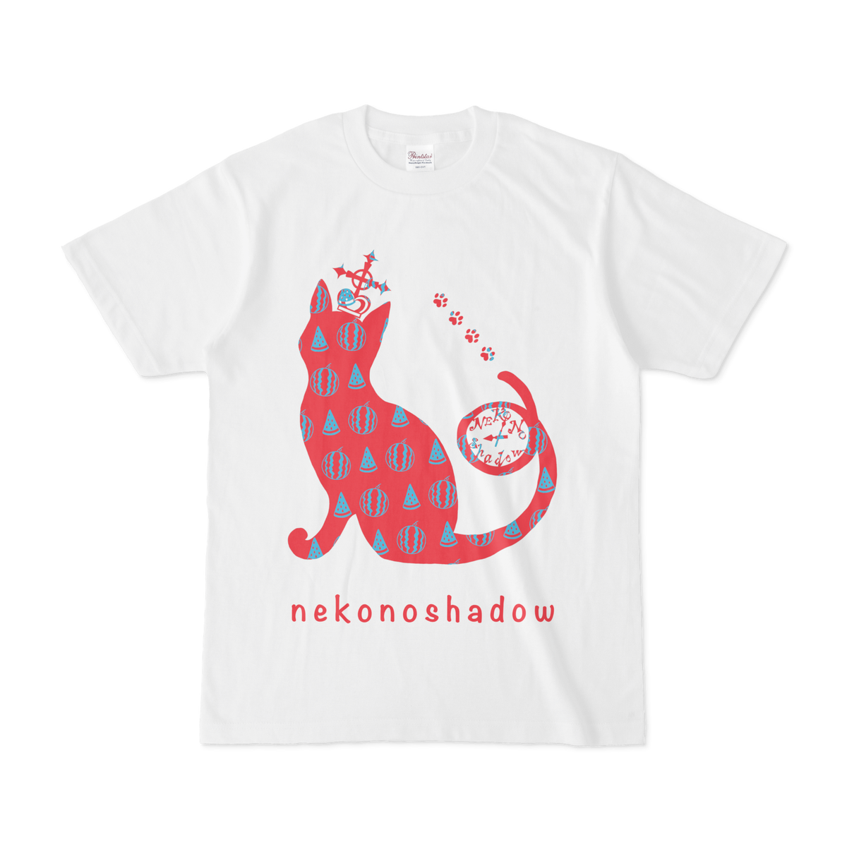 Tシャツ スイカ柄の猫の影 赤水 Nekonoshadow