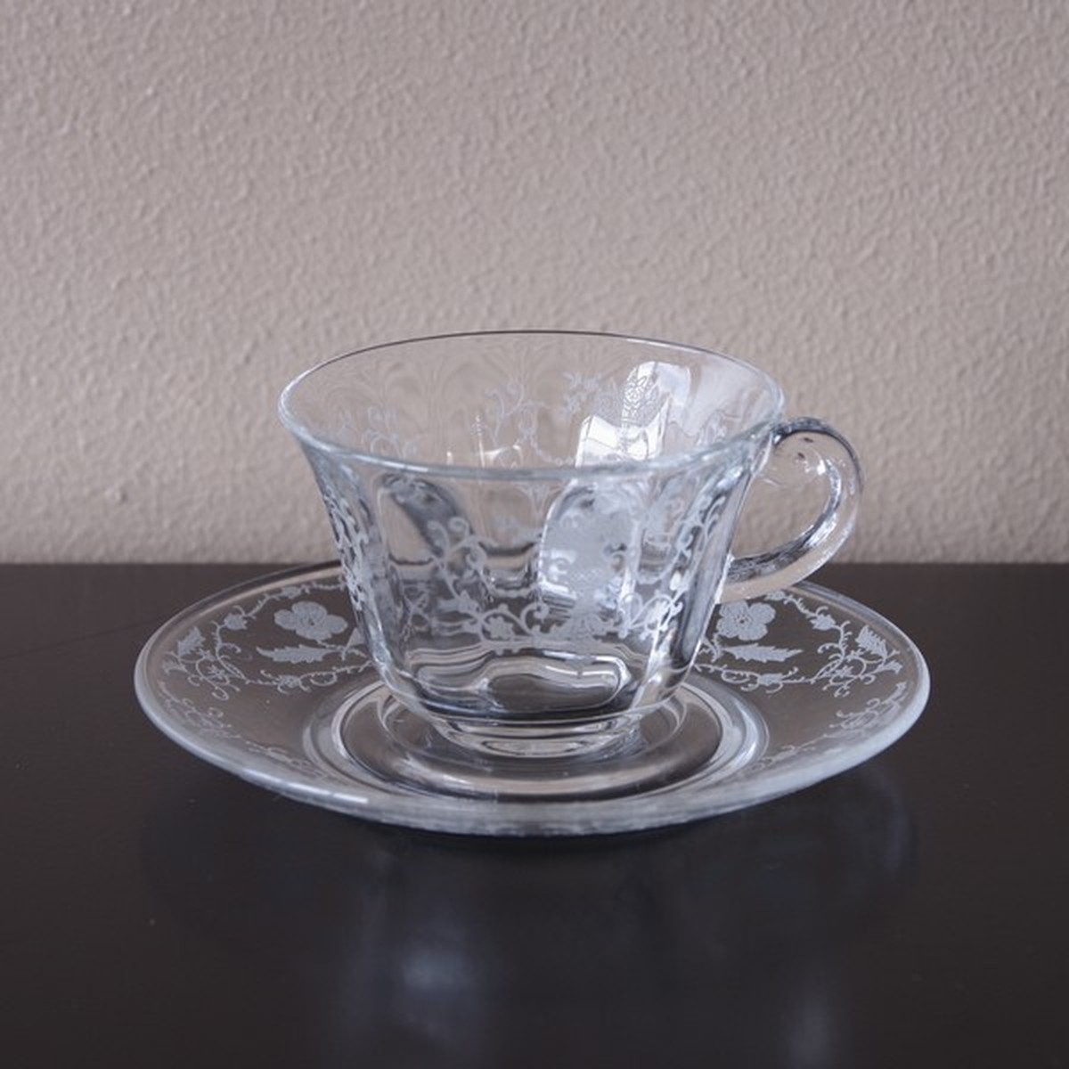 Fostoria フォストリア Shirley シャーリー ガラス ティーカップ ソーサー 6 アメリカ製 ヴィンテージ 食器 アンティーク レトロ エッチング Flohmarkt フローマルクト