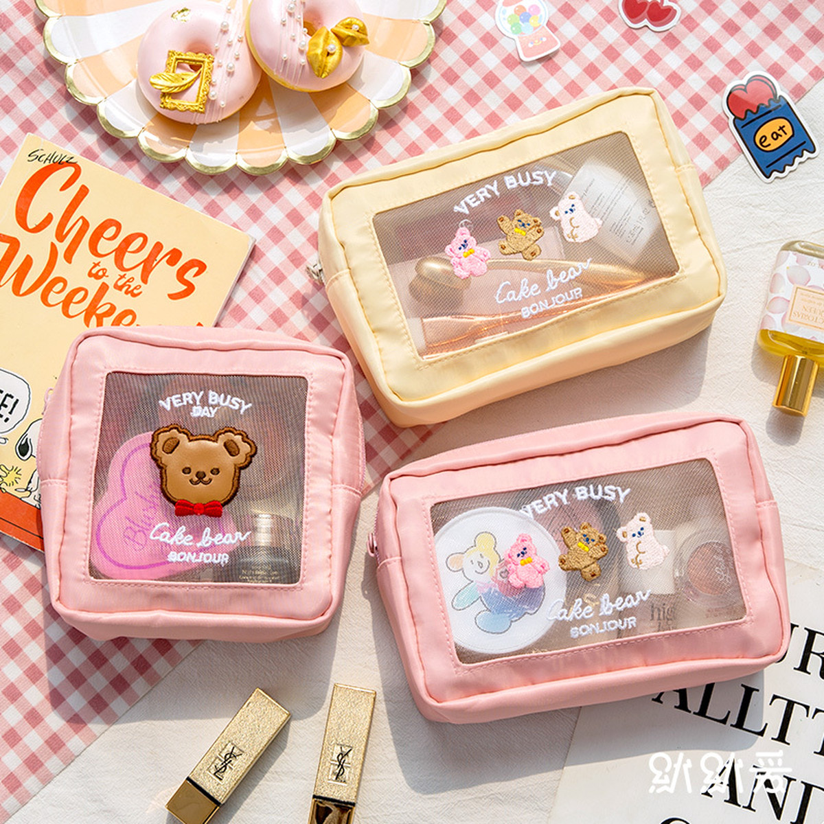 送料無料 たくさん入る くまさん柄 メッシュポーチ ガーリー コスメポーチ ペンケース クリア Lamitte Deco トレンド 韓国ファッション ショップ