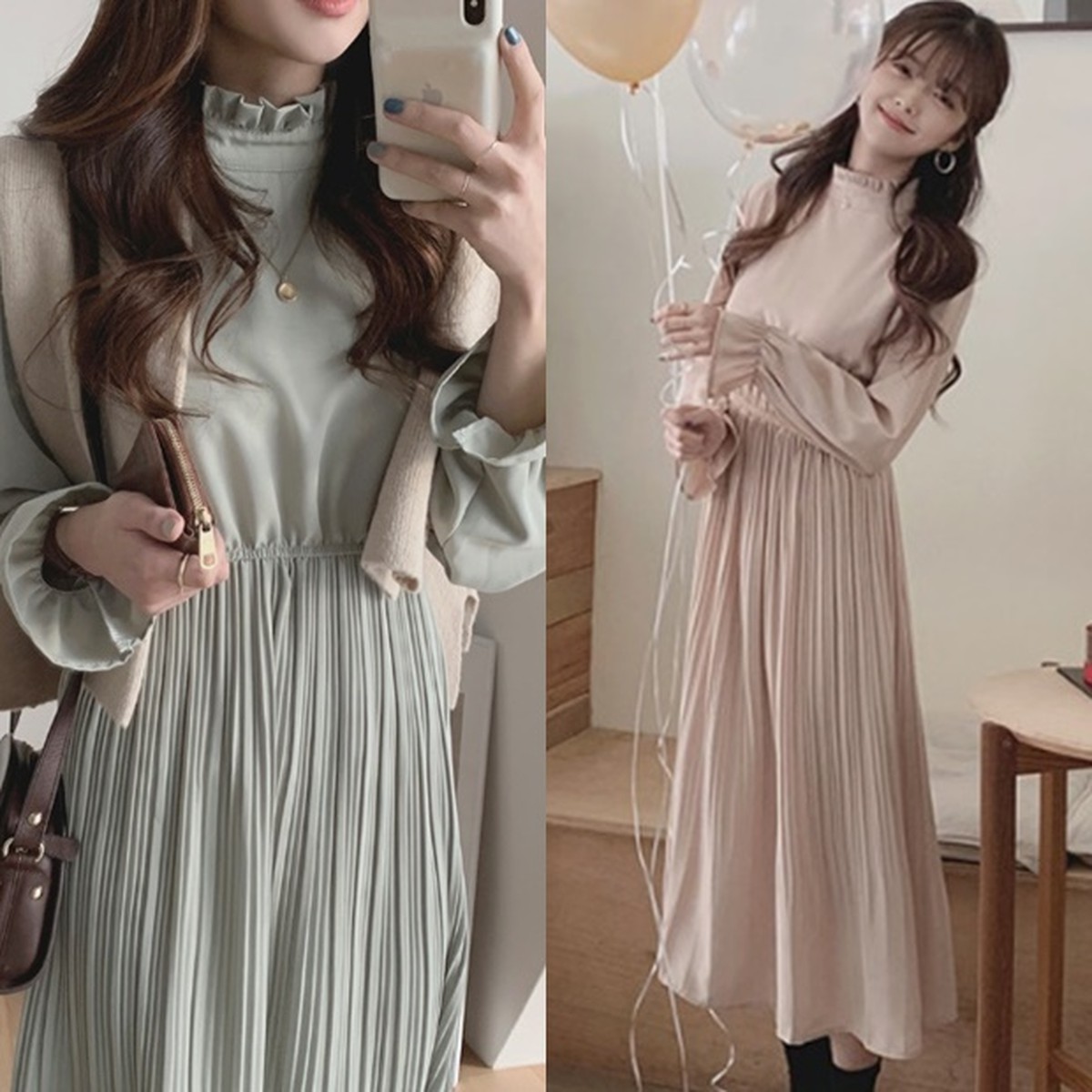 ロングワンピース 春 プリーツ フレア ワンピース 韓国 ファッション レディース 春のワンピース フリルネック フリル袖ワンピース プリーツ切り替え 韓国 ワンピース くすみピンク ペールブルー ロングワンピース Vestito