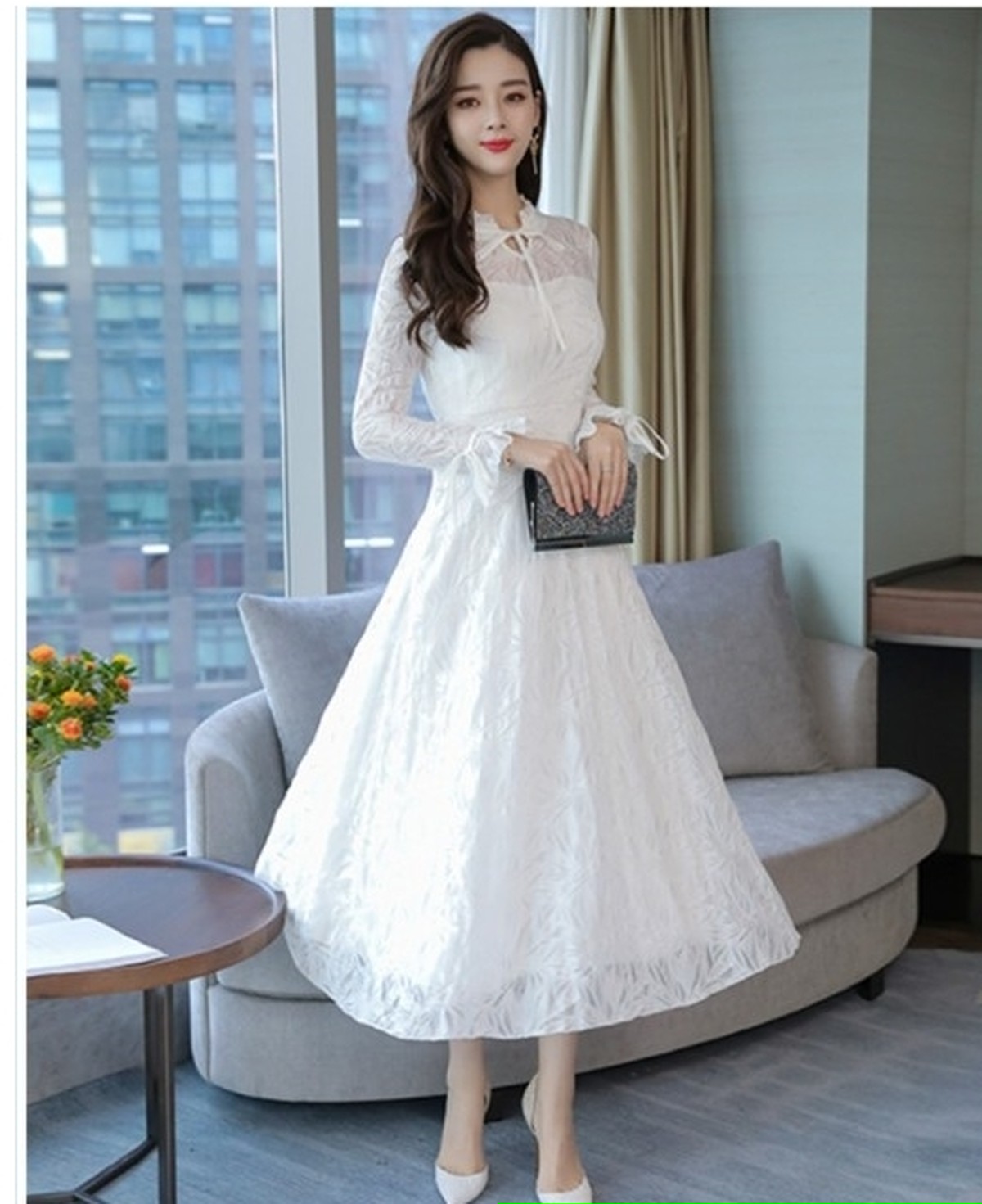 大きい サイズ レディース フォーマル ワンピース 清楚なレースワンピース 長袖ロングワンピース フォーマルドレス 通勤ワンピースパーテ Basecamp49