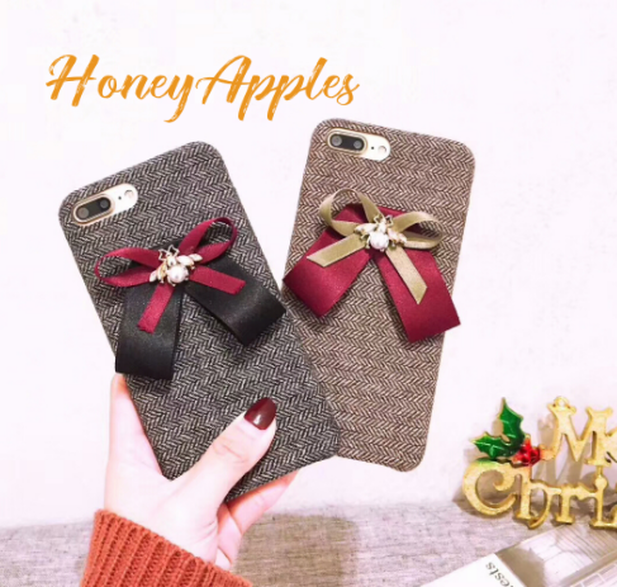 予約 リボン 蝶結び 可愛いiphoneケース Black Brown ウール調 Iphoneケース専門 Honey Apples