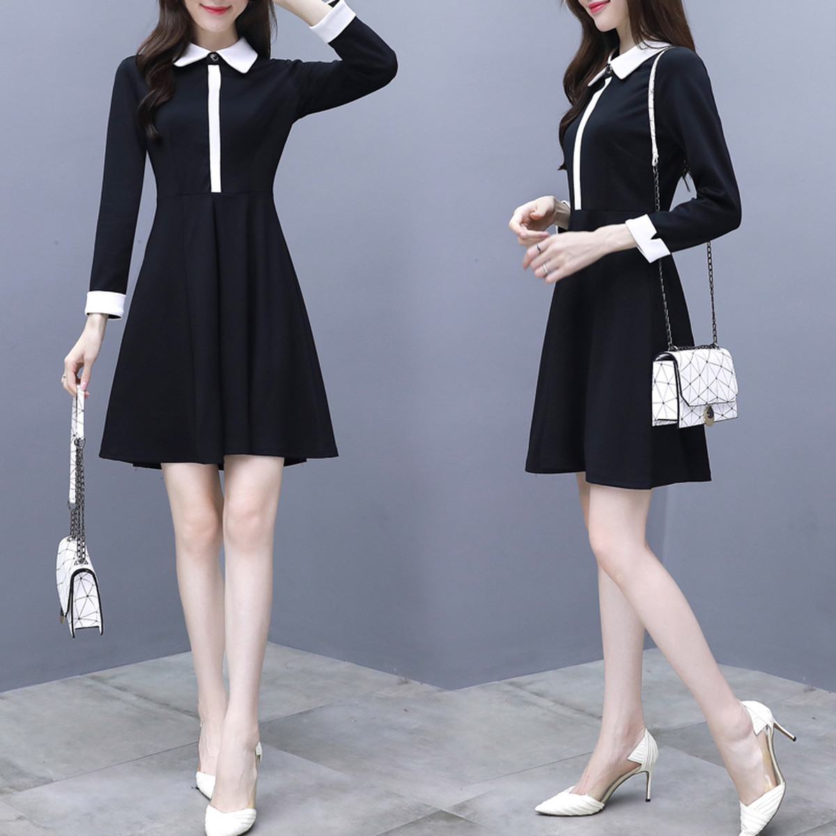 清楚 お嬢様系 ワンピース 長袖 ミニワンピ 襟付き 黒 ブラック 無地 きちんと感 シンプル おしゃれ デート 食事会 韓国ワンピ P022 Korean Select 韓国ファッション オルチャンファッション