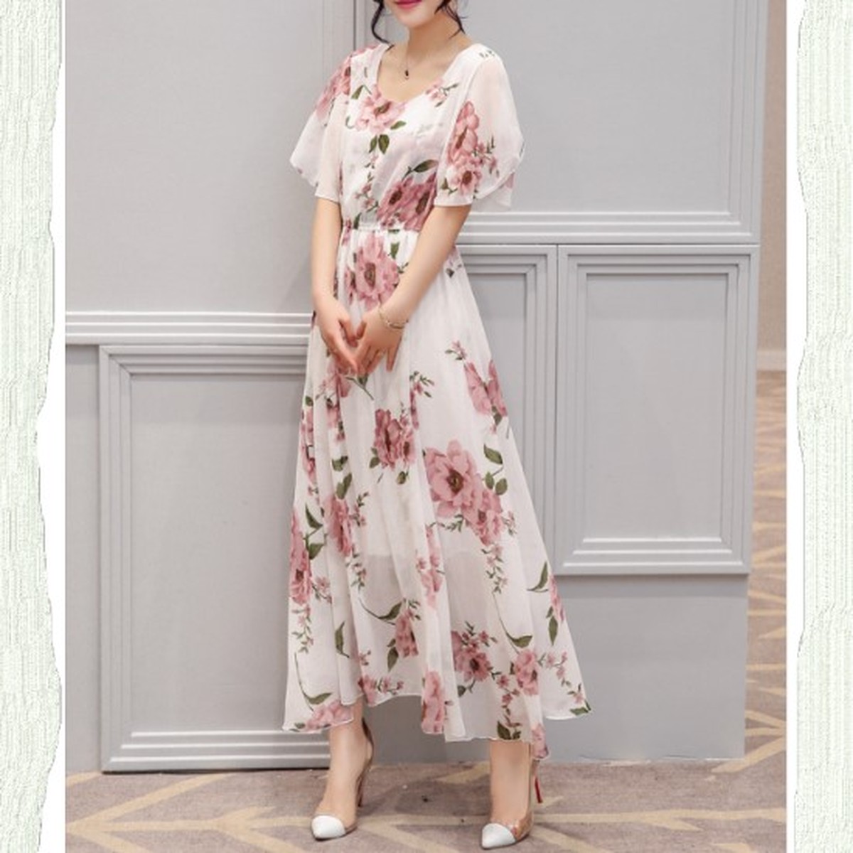 送料無料 春夏 花柄シフォンワンピース ロング丈 半袖 フェミニン Lovecometrue