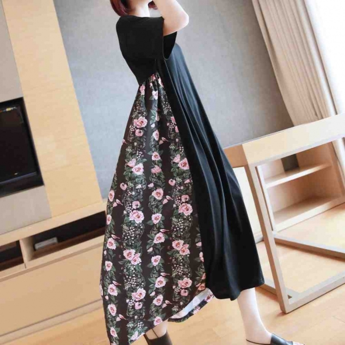 お手頃価格 Ralique 花柄 ロングワンピース 半袖 レディース 黒 9 新品 Res ロングワンピース Www Aukoragro Com