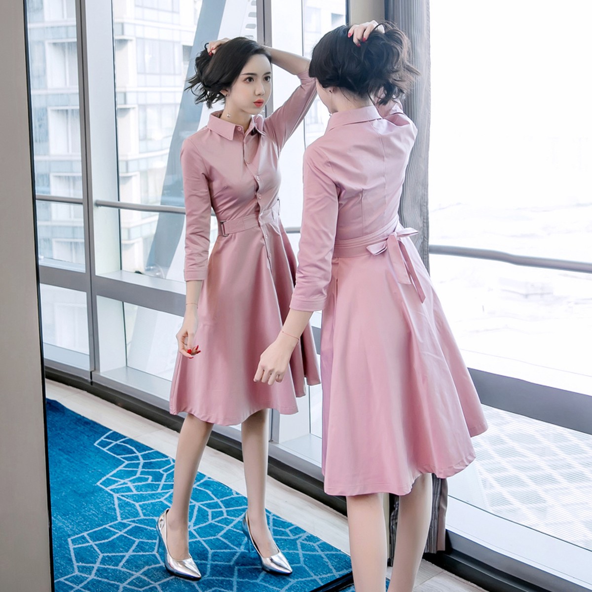 ワンピース ドレス シャツワンピース 春ワンピース フレアワンピ リボン 七分袖 襟付き ひざ丈 ピンク 無地 秋 レトロ 10代 代 30代 40代 50代 Ptngt0314 Shop Suba