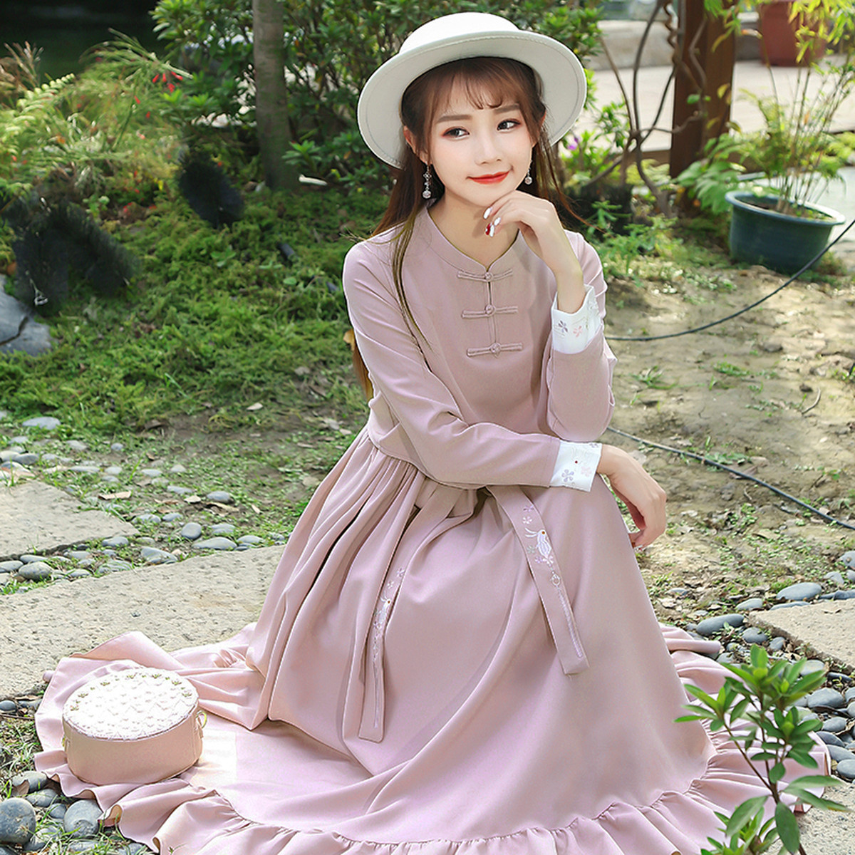 チャイナ風ワンピース チュニック ドレス 唐装 漢服 可愛い レトロ スタンドネック 長袖 ロング丈 改良型チャイナドレス S M L Ll 着痩せ 可愛い ピンク Elegant