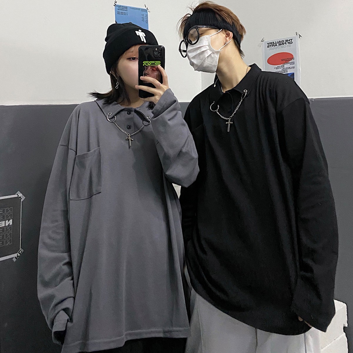 ゴスロリ系 ｔシャツ 長袖 十字架ネックチェーン ユニセックス 病み可愛い ストリート系 オルチャン 原宿系 10代 代 天使と悪魔 サブカル系 ファッション Seasonz