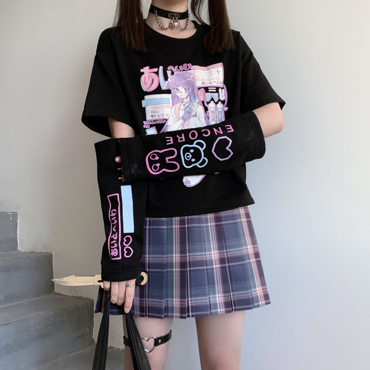 天使と悪魔 ゴスロリ Tシャツ アームカバー 2Way JK制服 病み可愛い ストリート系 量産型 地雷系 原宿系 オルチャン 原宿系 10代