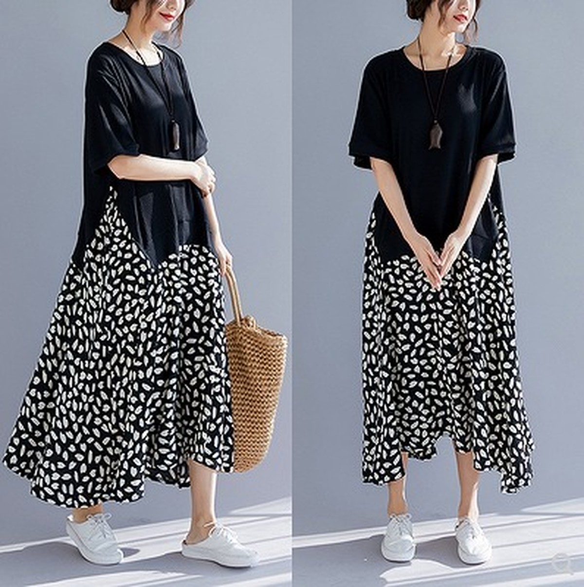 大きいサイズ レディース 重ね着ワンピース 長袖 秋冬 春夏 半袖 ブラック 花びら柄 S277 大きいサイズ 送料無料 レディース通販店 ｋｅｃｃｈi 静岡 Base売り場