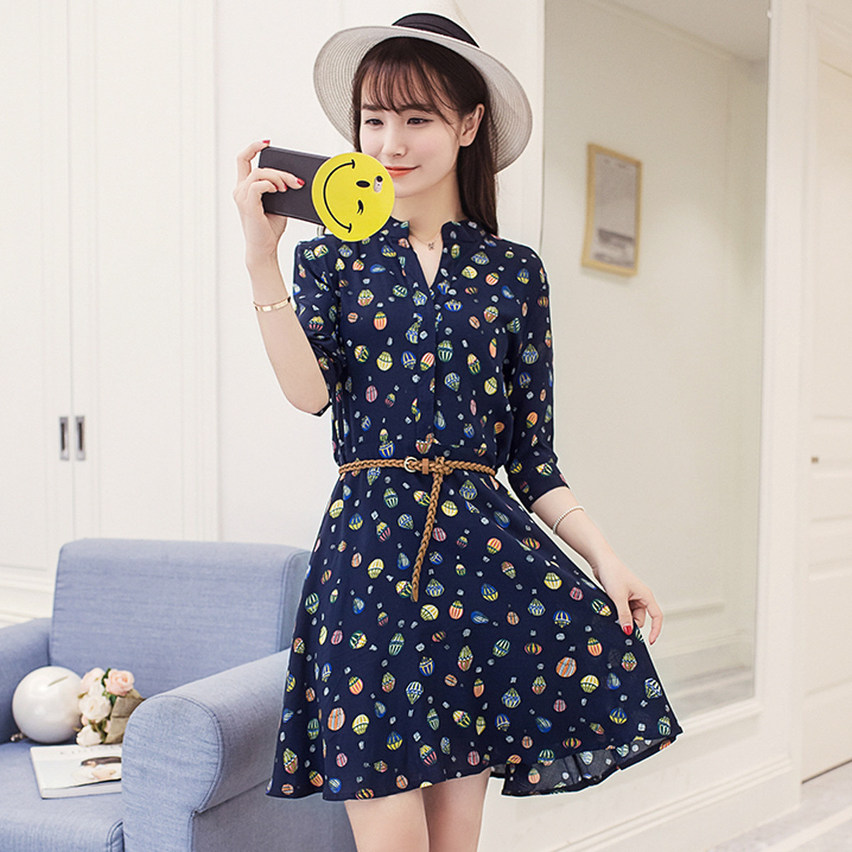 気球イラストが可愛い ノーカラー七分袖フレアイラスト柄ワンピース Kenkenp