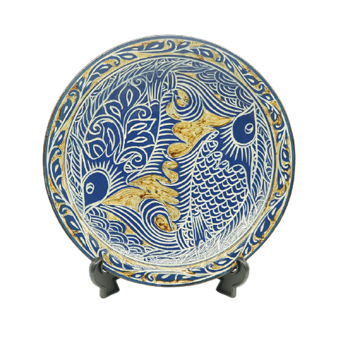 描き落とし魚紋の尺2寸皿 約36cm 金城陶器秀陶房 やちむんと琉球ガラスなどのうちなーむんのお店 うぃーりきさん