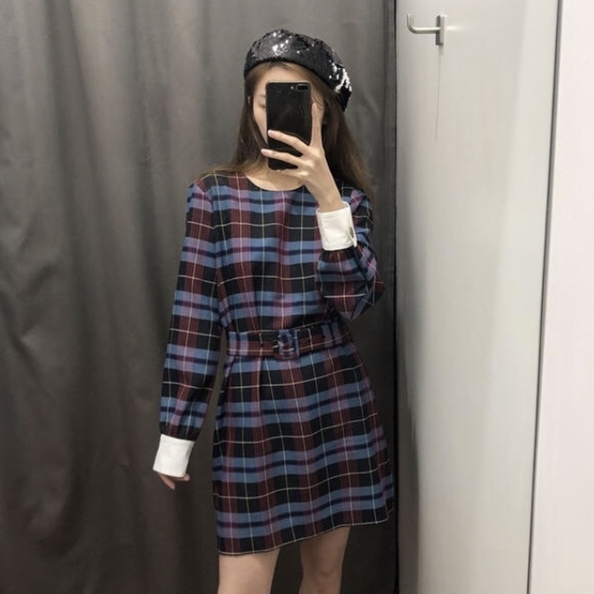 ブラウス風ウエストベルト ワンピース レディース チェック柄 ミニ A1065 La Vie En Rose