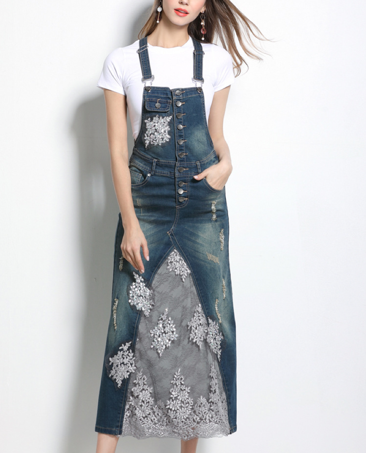 セットアップ サスペンダーワンピース デニムワンピース レース フラワーレース 刺繍 サスペンダー 白tシャツ 半袖 着痩せ 大きいサイズ 体型カバー セレブ 大人上品 エレガント ウッディーベース1号店