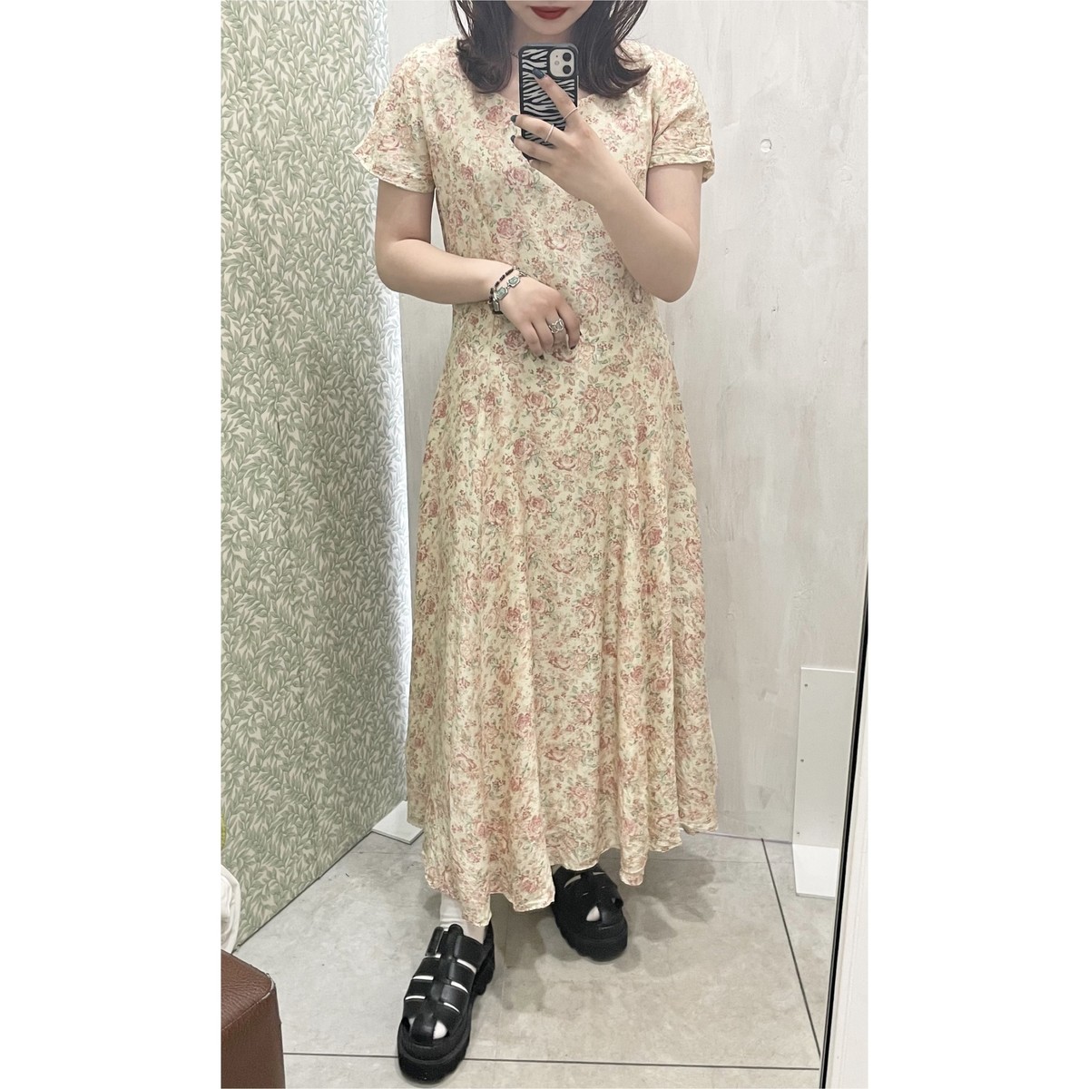 Laura Ashley One Piece Flower Long Yellow ローラアシュレイ ロングワンピース ワンピース 花柄 イエローベージュ 半袖 ｕｔａ５