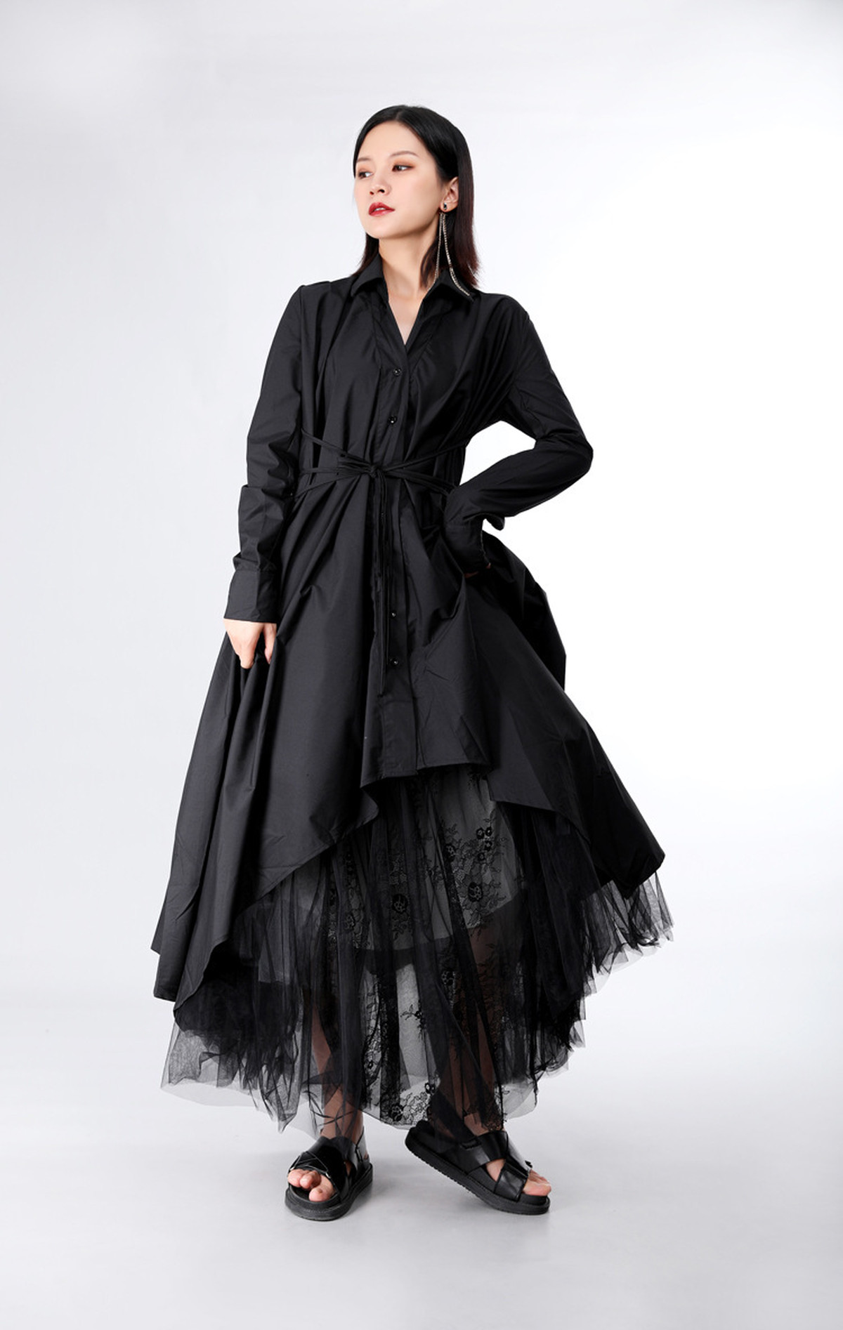 モード系 ゴシック イレギュラー リボン デザイン マキシ丈 ワンピース モノトーン シンプル シック 無地 W80 Top Mode