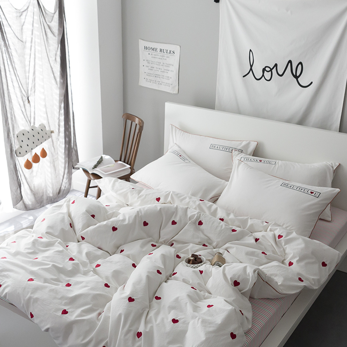 S ストライプ柄シーツ かわいいハート刺繍 ベッドカバー 3点セット Roomfort