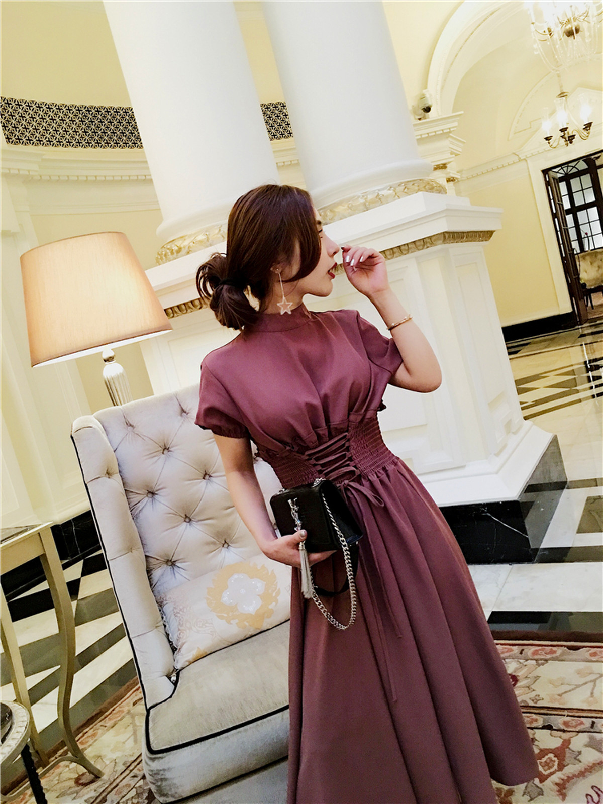 上品 レースアップ ハイウエスト ワンピース くすみカラー パープル ワンピースドレス ロングワンピース フォーマルワンピース マキシ丈 ロング丈 九分丈 清楚 上品 フェミニン ガーリー カジュアル エレガント クラシカル きれいめ フォーマル お呼ばれ