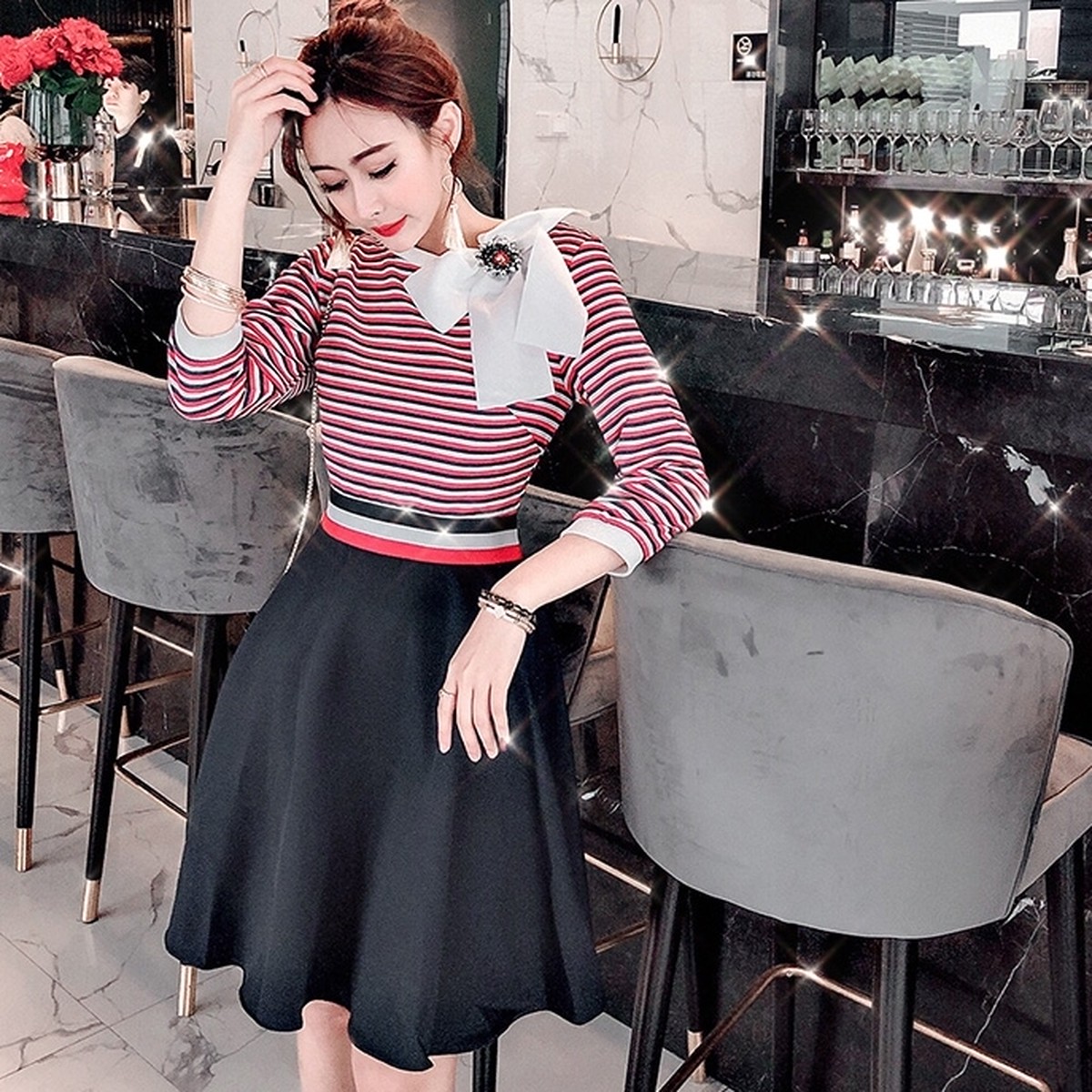 リボントリコロールボーダーワンピース Lily Couture