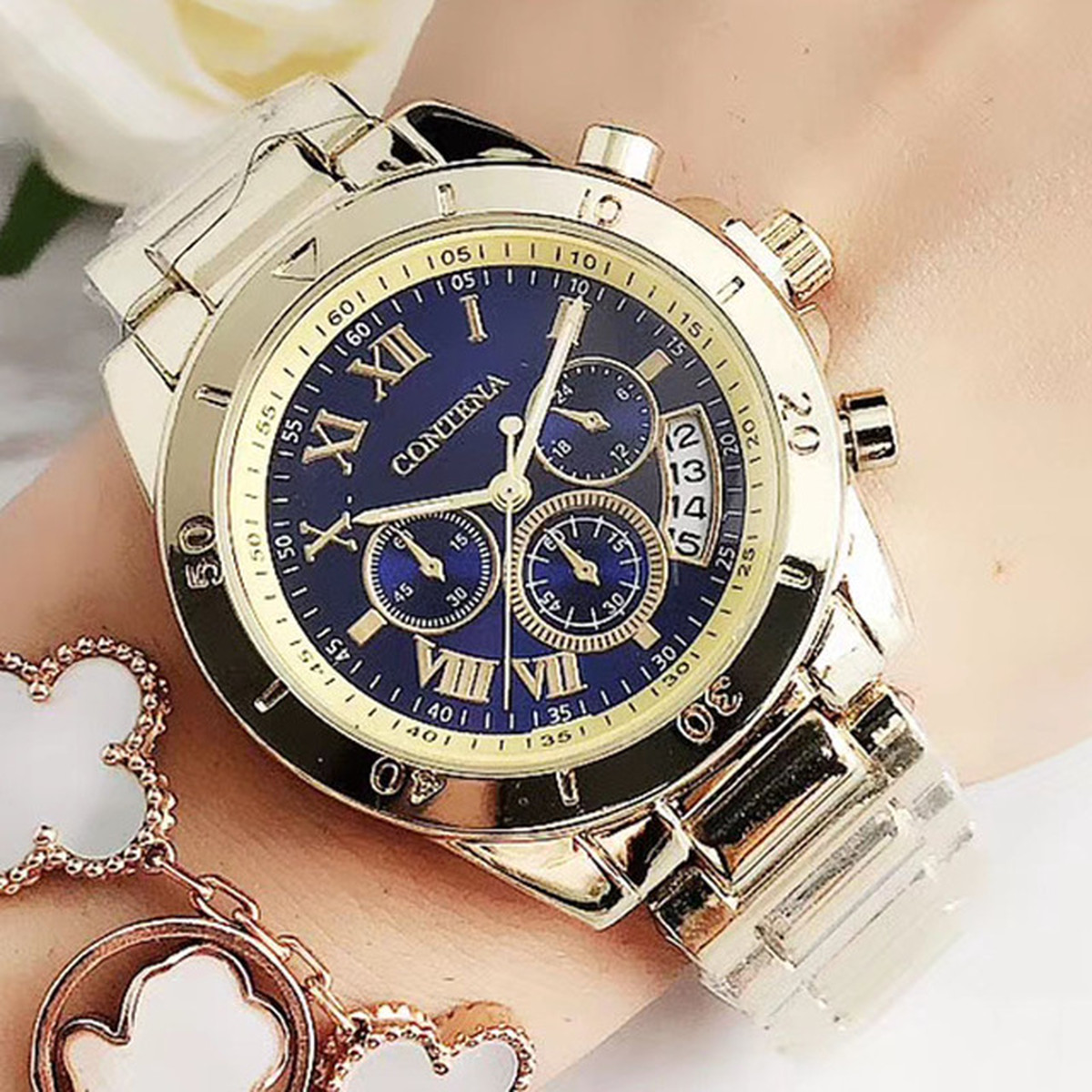 19レディース腕時計ジュネーブ有名な高級ブランドファッションゴールド腕時計レディースカジュアルレディースクォーツ時計レディース腕時計 Gold Blue Braverybase