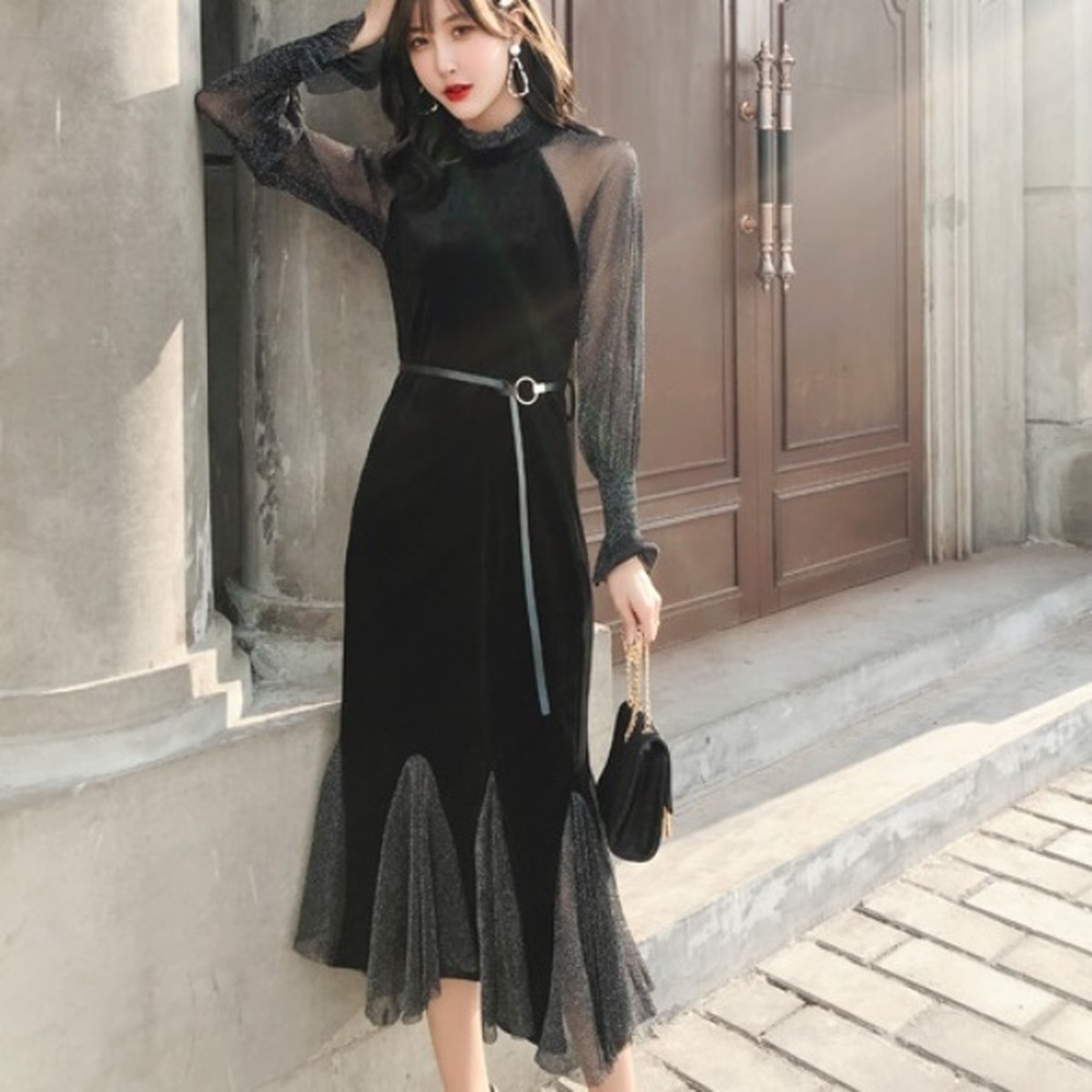 シースルー ワンピース 韓国 ファッション レディース 秋冬 シアーワンピース ラメ お呼ばれ ドレス 黒 ウエストベルト 切り替えワンピース フリル ボトルネック 上品 セクシー パーティードレス 結婚式 二次会 ドレス Vestito