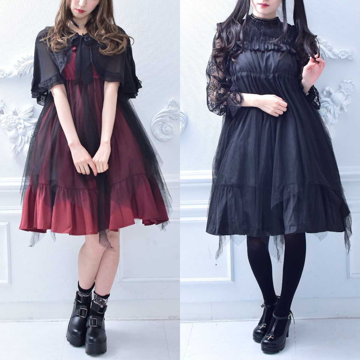 ゴスロリ ドレス ワンピース 黒 赤 膝丈 キャミソールワンピース ゴシック 病みかわいい 原宿系 暗黒系 袖なし チュールスカート 服 Lady Oliver