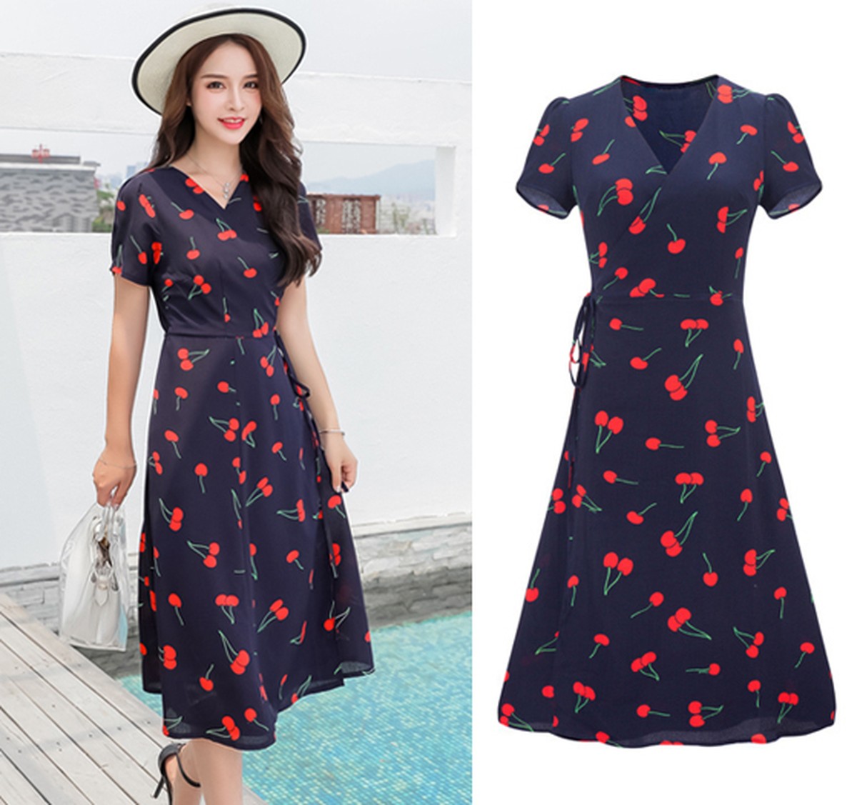 韓国ファッション さくらんぼ ワンピース レディース チェリー 原宿系 オルチャン ひざ丈 春夏 Tb 504 毒いちご 韓国ファッション