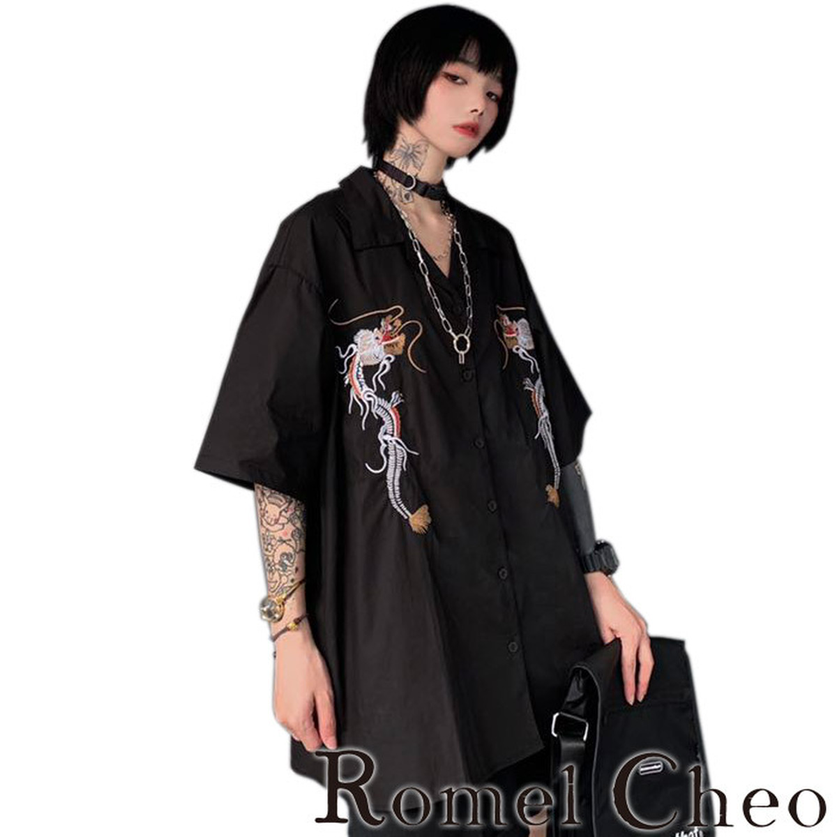 RomelCheo 龍柄刺繍シャツ ユニセックス チャイナ風 和風 和柄 ロング丈 ポロシャツ 和服 半袖 オーバーサイズ ファッション 韓国