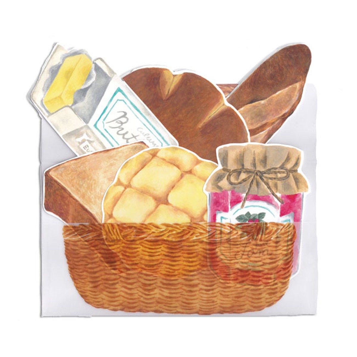 パン屋さんでお買い物するカード バスケット 封筒 と美味しいパン詰め合わせ Figpolkadot