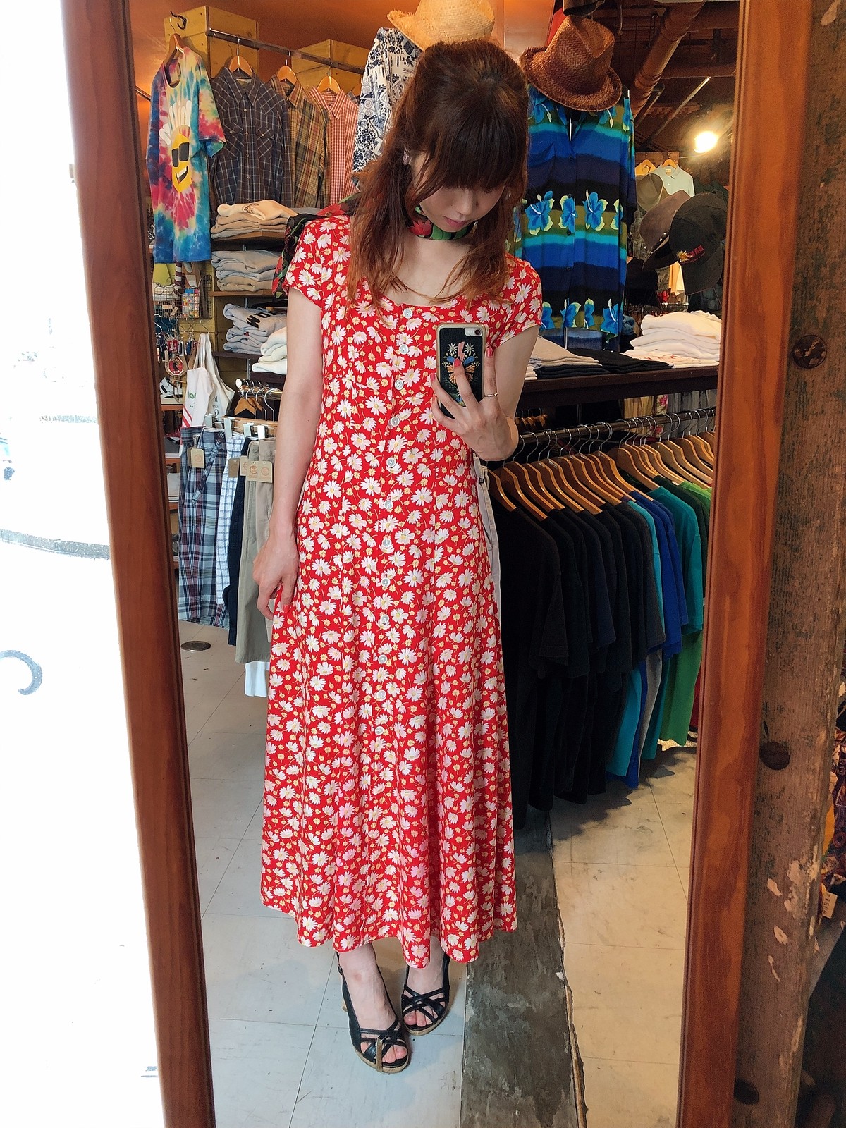 80年代 80s ロングワンピース 花柄 レッド 赤 Sizem 古着 レディース 陽気な古着屋frank