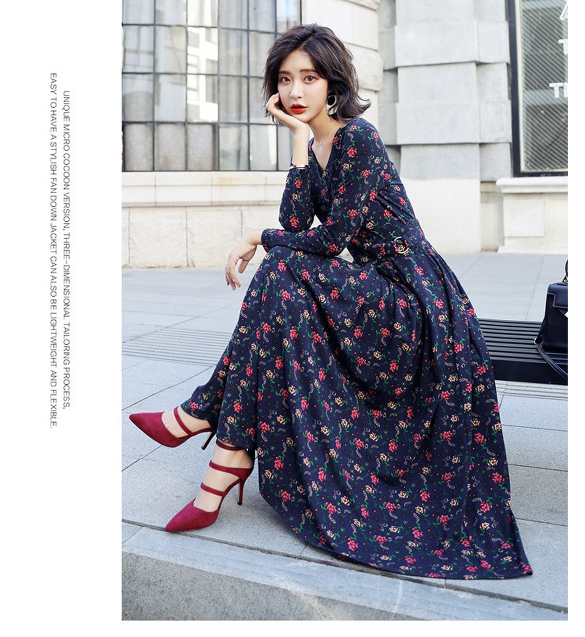 新商品 花柄 長袖ワンピース ロング丈 小花柄 花柄ワンピース 秋 ネイビー ワンピース ロング 長袖 花柄ワンピース 結婚式 パーティー ワンピース ロング丈 ワンピース 大きいサイズ フレア ワンピース 秋 大きいサイズ デート お出かけ 送料無料 韓国レディース