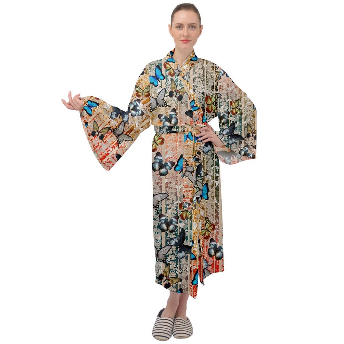 家紋ストライプ虹蝶 Maxi Velvet Kimono Dress Baroque Japanesque バロックジャパネスク