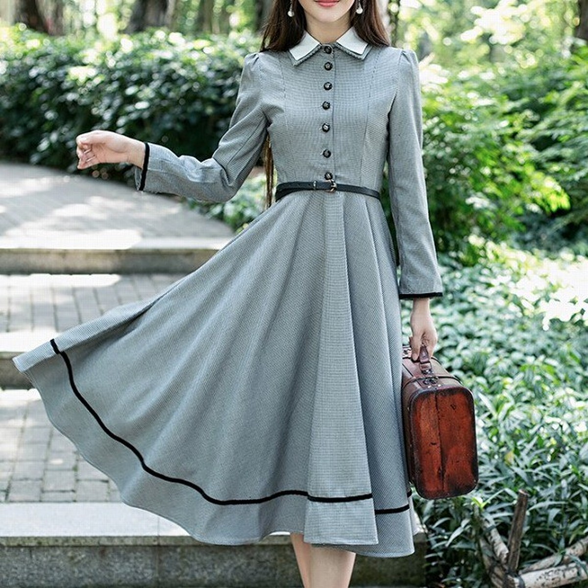 バイカラー 英国風ワンピース チェックワンピース 千鳥格子柄 フレアスカート ミモレ丈スカート ハイウエスト レディース 春服 V0027 Aeka Clothet