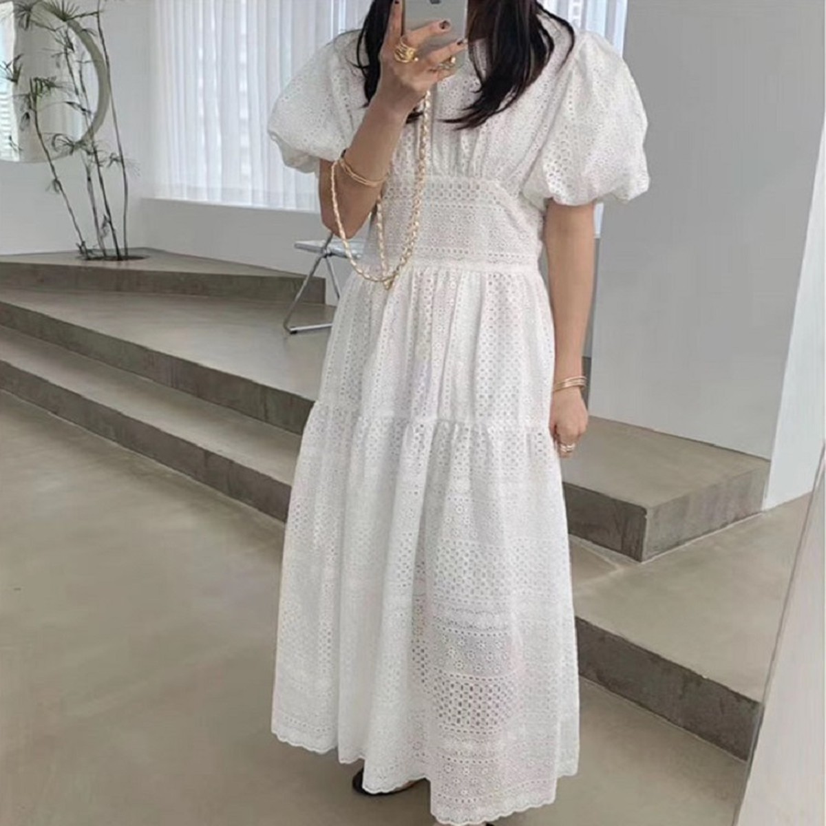 大好き 夏ワンピ 夏ワンピース 女性用 レディース ワンピ ワンピース 半袖 全2色 定番 大人かわいい おすすめ 定番 人気 シンプル 無地 夏 ゆったり お出かけ 普段着 デイリー 旅行 リゾート 丸襟 Uネック パンチング ハイウエスト マキシ ロング ワンピース