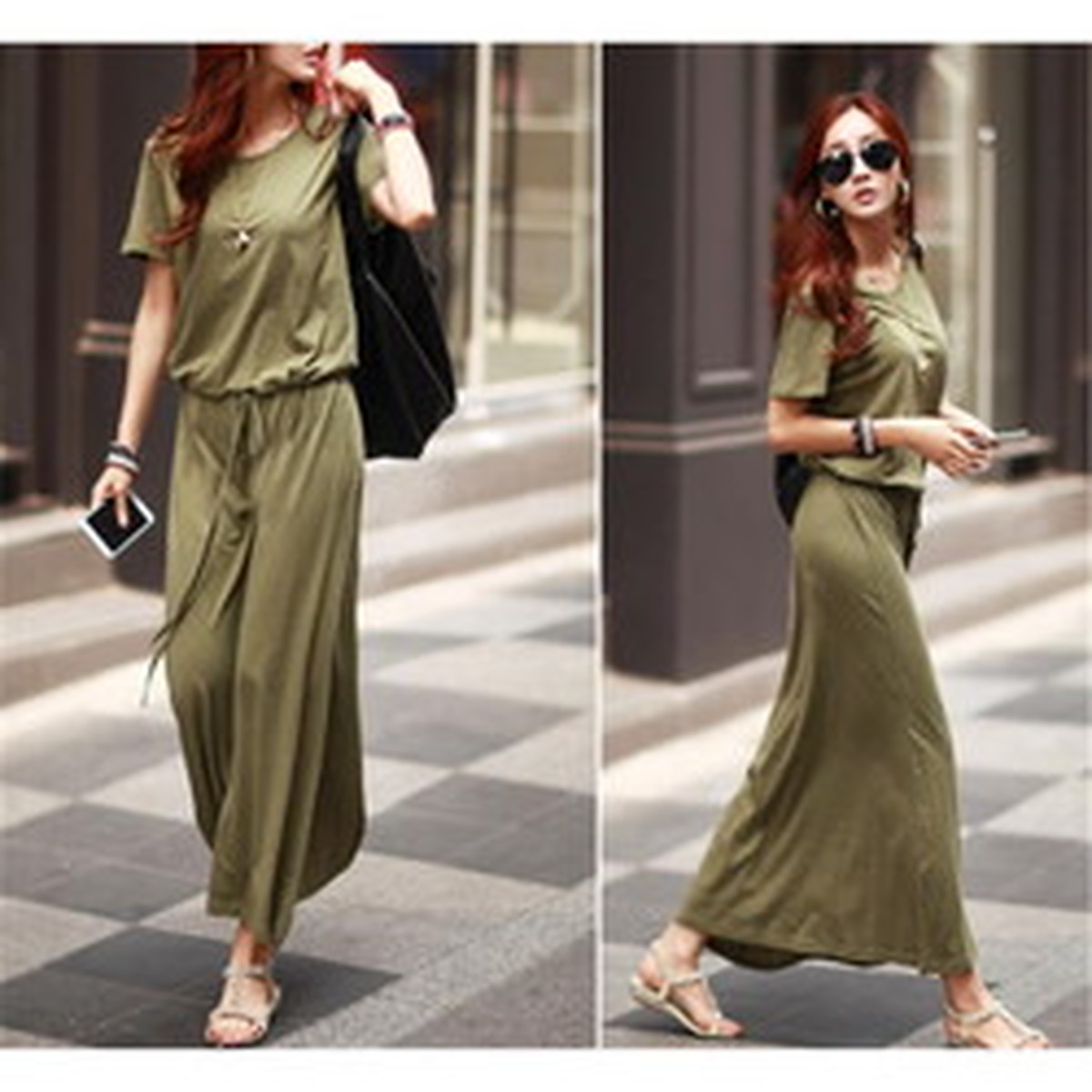 ワンピース ウエストゴム ひざ丈 カシュクール カシュクールワンピース ひざ丈ワンピース カーキ グリーン 細目 ウエストマーク Rms