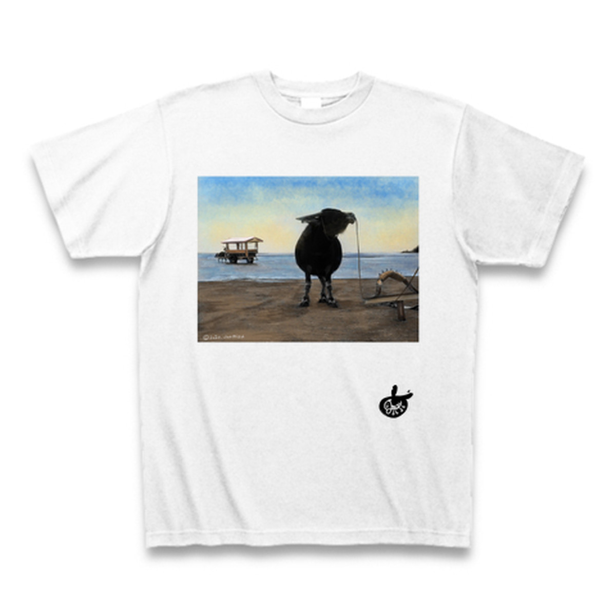 Jun Mizu オリジナルtシャツ 写真 牛 海 浜 牛車 オリジナル Jun Mizu