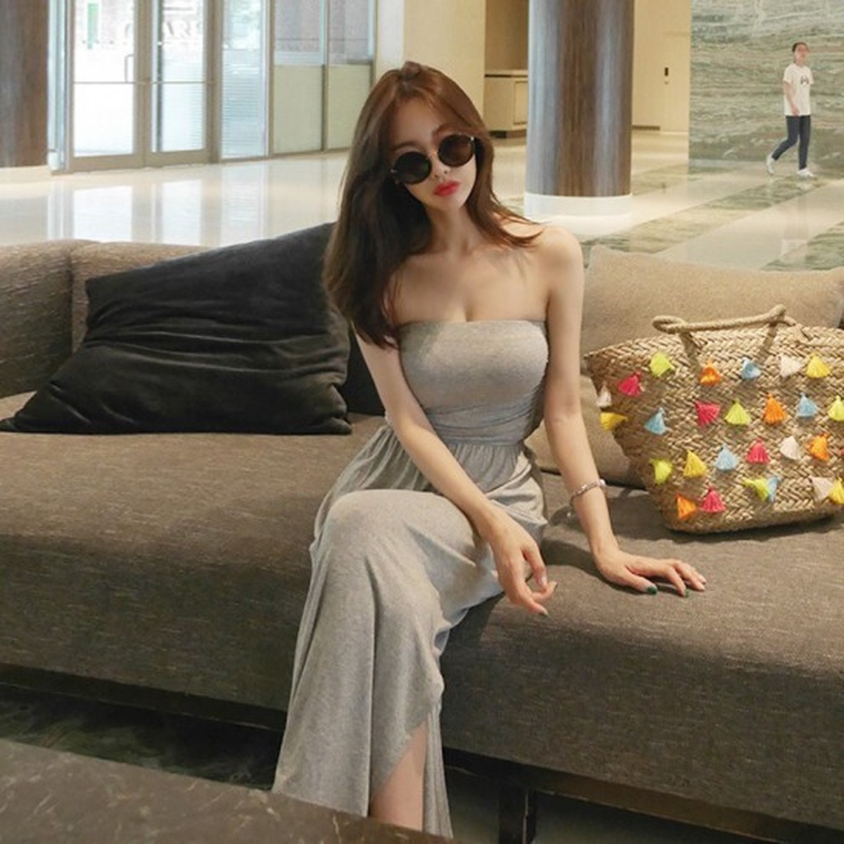 ベアトップワンピース 春夏 レディース リラックスワンピース バカンス リゾート ロング丈 スリット入り 韓国ファッション K0335 Shopmall To You